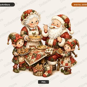 Op de afbeelding: Een digitale illustratie van de Kerstman, Mevrouw Kerstman en twee elfen die aan een tafel met een patchwork tafelkleed zitten. Ze eten peperkoekjes en een taart. De figuren dragen rood en groen gekleurde kleding met feestelijke details.