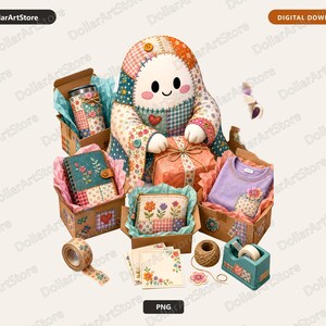 May include: A plush character with a patchwork pattern sits surrounded by gift boxes containing a tumbler, a notebook, a pouch, and a purple shirt. Also included are a roll of patterned tape, a stack of floral cards, twine, and a tape dispenser.