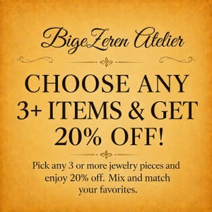 May include: A square graphic with a textured golden-yellow background featuring the black text BigeZeren Atelier. The central text reads CHOOSE ANY 3+ ITEMS & GET 20% OFF! Below this, smaller text states Pick any 3 or more jewelry pieces.