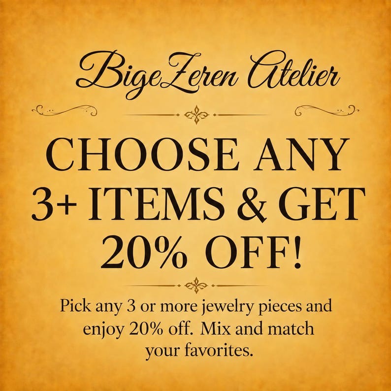 May include: A square graphic with a textured golden-yellow background featuring the black text BigeZeren Atelier. The central text reads CHOOSE ANY 3+ ITEMS & GET 20% OFF! Below this, smaller text states Pick any 3 or more jewelry pieces.