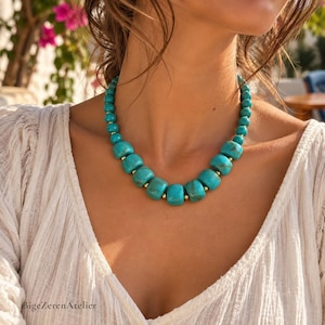 Collar Statement de Cuentas Turquesa, Cuentas Azules Grandes, Joyería Boho Corta para Mujer