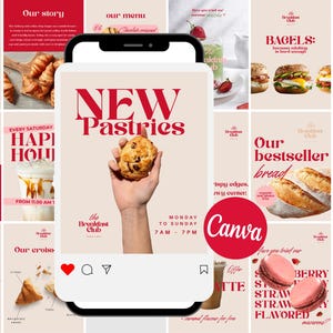 以下が含まれることがあります： The Breakfast Clubのソーシャルメディア投稿を表示するスマートフォンの画面。薄いベージュの背景に、チョコレートチップクッキーを持つ手と、赤い文字で「NEW PASTRIES, MONDAY TO SUNDAY 7AM-7PM」と書かれた画像が表示されています。