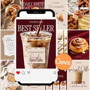 Mallar för Instagram Canva för höstkaféer | Inlägg, berättelser och höjdpunkter för sociala medier för höstkaféer | Mallar för kanelbullar