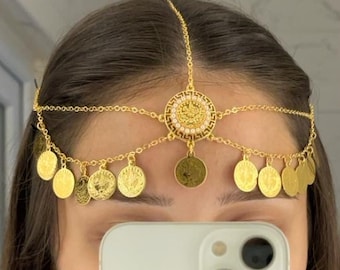 クルド風ゴールドヘッドピース、コインチェーンヘアジュエリー、ブライダル額飾り
