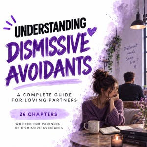 May include: A book cover titled UNDERSTANDING DISMISSIVE AVOIDANTS: A COMPLETE GUIDE FOR LOVING PARTNERS, 26 CHAPTERS, WRITTEN FOR PARTNERS OF DISMISSIVE AVOIDANTS. The text is in purple and black, featuring a person in a purple sweater at a table.
