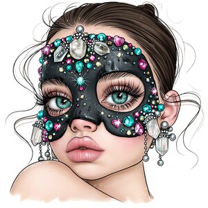 Puede incluir: Una ilustración digital de un rostro que lleva una máscara negra adornada con varias piedras preciosas de colores, incluyendo cristales turquesas, rosas y transparentes. La máscara presenta pendientes de cristal colgantes y ojos verdes.