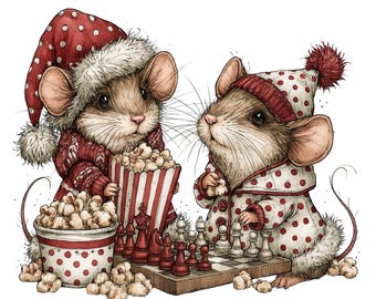 Whimsical Christmas Mouse Clipart, Cute Xmas Mouse PNG, Holiday Winter Mice Art, Commercial Use Digital Download Clipart Bundle