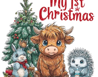 My 1st Christmas Clipart, Cute Babys First Xmas PNG, Baby Animal Santa Art, Holiday Commercial Use Digital Download Clipart Bundle