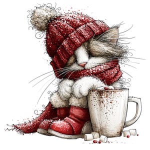 Peut inclure: Un chat touffu portant un bonnet en tricot rouge avec un pompon, une écharpe rouge assortie et des bottes rouges, assis à côté d'une tasse blanche remplie d'une boisson brune et garnie de guimauves blanches, le tout dans un style croquis.