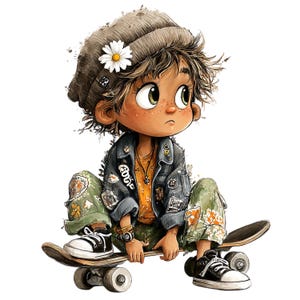 Può includere: Un'illustrazione a cartoni animati di un bambino con capelli castani spettinati che indossa un berretto marrone con una margherita bianca, una giacca di jeans scura con toppe, una maglietta arancione e pantaloni verdi a fantasia su uno skateboard.