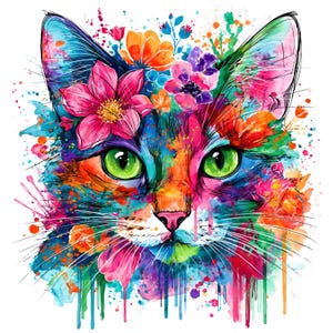 May include: A vibrant watercolor illustration of a cat head featuring bright green eyes and a pink nose. The feline is adorned with colorful floral accents in shades of pink, orange, and purple, surrounded by dynamic paint splatters and drips.