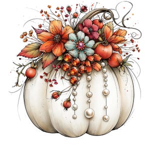 Könnte beinhalten: Eine Illustration eines weißen Kürbisses, geschmückt mit einem lebendigen Arrangement aus orangefarbenen und roten Blumen, grünen Blättern, kleinen Beeren und bernsteinfarbenen Edelsteinen. Weiße Perlenketten hängen an der Kürbisoberfläche herab.