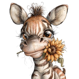 May include: A stylized illustration of a young zebra with large brown eyes and long eyelashes, featuring a tuft of hair on its head and brown stripes on a light coat. The zebra holds a yellow sunflower with green leaves in its mouth.