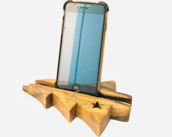 Handmade Wooden Christmas Tree Phone & Tablet Stand - Eco-Friendly Desk Accessory with Star Cutout - Unique Gift Idea