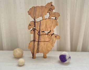 Handmade Sheep Family Balancing Game - Wooden Stackable Sheep Puzzle for Kids - Charming Educational Toy for Coordination and Play