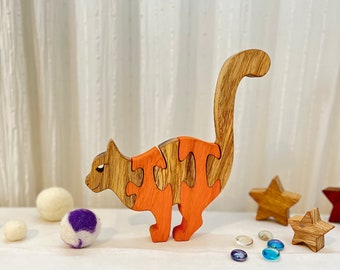 Artisanal Wooden Cat Puzzle - Charming Feline Jigsaw Toy, Interactive Educational Game, Unique Home Decor, Perfect Gift for Cat Lovers