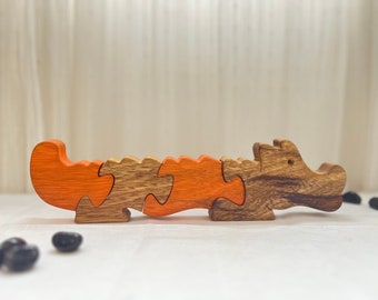 Playful Crocodile Wooden Puzzle - Eco-Friendly Handcrafted Game, Simple 4-Piece Jigsaw for Kids and Families