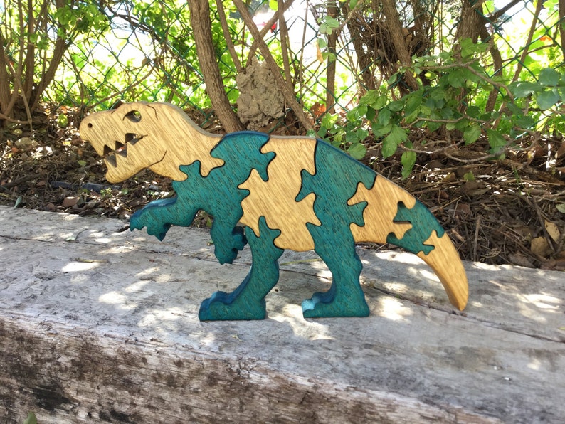 Colorful T-Rex Wooden Puzzle Handcrafted Dinosaur Jigsaw for Kids & Collectors Jurassic Fun Decor Piece image 6