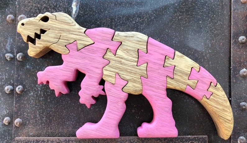 Colorful T-Rex Wooden Puzzle Handcrafted Dinosaur Jigsaw for Kids & Collectors Jurassic Fun Decor Piece image 5