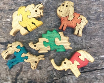 Set of 5 Baby Puzzles - Wood Animal Puzzles - Kids' Game - Collectible Decor - Educational Play