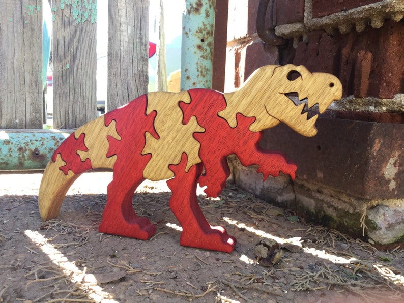 Colorful T-Rex Wooden Puzzle Handcrafted Dinosaur Jigsaw for Kids & Collectors Jurassic Fun Decor Piece image 4