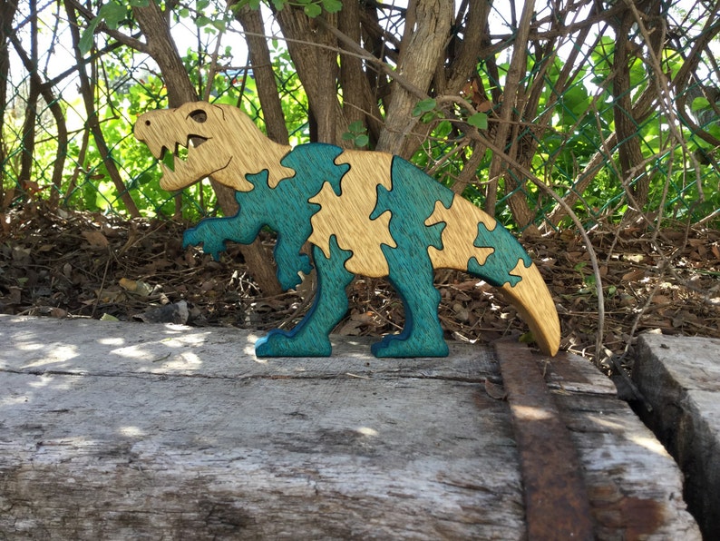 Colorful T-Rex Wooden Puzzle Handcrafted Dinosaur Jigsaw for Kids & Collectors Jurassic Fun Decor Piece image 7