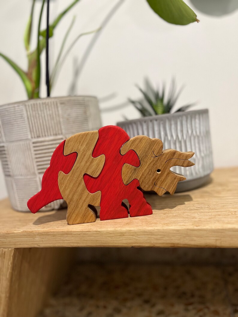 Wooden Puzzle Dinosaur Puzzle Wood Toy Wooden Triceratops puzzle Wood Puzzle Birthday Gift Kids Gift Jigsaw Puzzle image 2