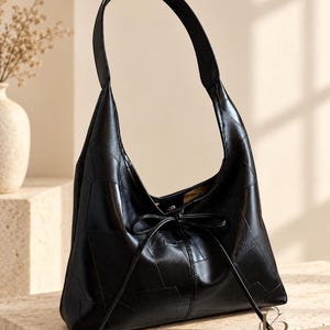 Bolso Hobo Negro con Lazo, Bolso de Hombro Patchwork con Asa Ancha