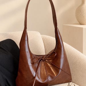 Bolso Hobo Marrón con Lazo, Bolso de Hombro Patchwork con Asa Ancha