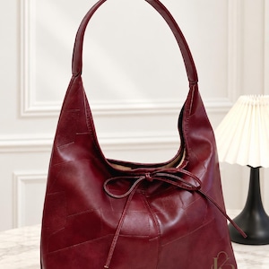 Bolso Hobo Burdeos con Lazo, Bolso de Hombro Patchwork con Asa Ancha