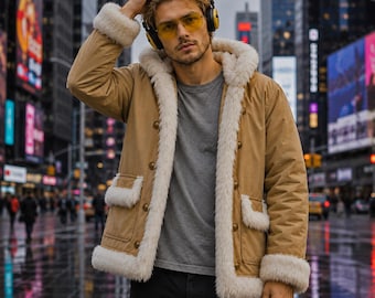 May include: A tan jacket with a white faux fur lining, hood, and cuffs, featuring brown buttons and two front pockets. The jacket is worn over a grey t-shirt, paired with yellow-tinted glasses and black over-ear headphones.