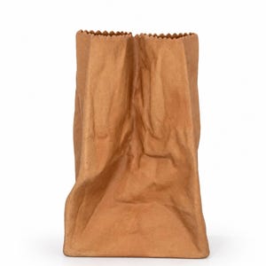 Pode incluir: Um vaso castanho com a forma de um saco de papel amarrotado. O objeto apresenta uma superfície mate e texturada com dobras profundas e uma borda superior serrilhada em ziguezague, imitando a aparência de um saco de papel de almoço.
