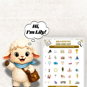 May include: A cartoon lamb character named Lily wearing a blue scarf and brown satchel with a cross, waving next to a Bible Detective Odd One Out activity sheet. The sheet features six rows of icons, a magnifying glass, and a secret word section.
