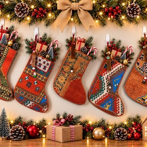May include: Five Christmas stockings featuring intricate woven patterns in red, orange, blue, and gold tones. Each stocking is filled with small gift boxes, candy canes, and pine branches. The stockings hang from a wall decorated with a garland.