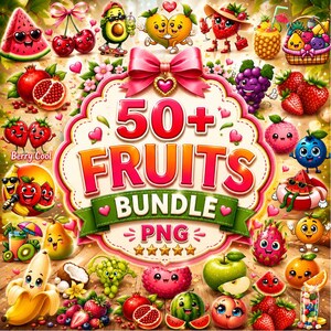 50+ Watercolor Fruits Png Bundle, Adorable Fruit Design, Fruity Kawaii Clipart, Cute Fruits Png For Kids, Summer Fruits T Shirt Images