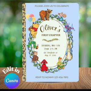 May include: A light blue invitation card featuring a central oval frame decorated with green vines and various storybook characters including a bear, rabbit, monkey, and red dog. The text reads Oliver's FIRST CHAPTER, SATURDAY, MAY 5TH, FROM 2-4 PM, 123 Storybook Ln, Any, Ct 12345, RSVP TO MOMMY 123-456-7891.