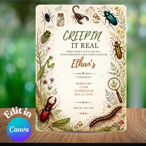 May include: A rectangular birthday invitation card featuring a cream background with a border of various insects, mushrooms, and plants. The text reads: CREEPIN IT REAL, CREEP, CRAWL, BUZZ, AND FLY—WE’RE THROWING A BUG-TASTIC BASH FOR Ethan’s 7TH BIRTHDAY!