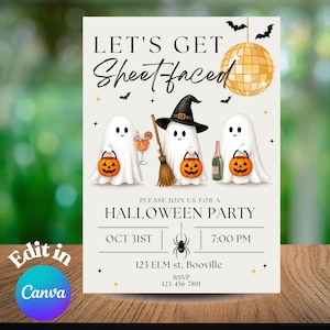 Szablon zaproszenia na imprezę halloweenową Let's Get Sheet Faced Zabawny Dorosły Edytowalny Canva Napoje Nietoperze Dynie Duchy Kostium Impreza 5x7 Pobierz