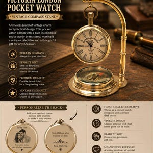 Op de afbeelding: Een messing zakhorloge met een witte wijzerplaat met Romeinse cijfers en de tekst Victoria London 1876, hangend aan een gebogen messing standaard boven een kompas. De achterkant van het horloge toont aangepaste gravures met tekst en een foto.