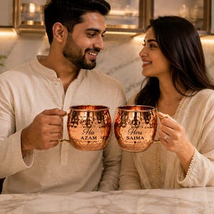 Puede incluir: Dos tazas de metal martillado color cobre con asas doradas. La taza de la izquierda tiene grabado el texto His AZAM y la de la derecha el texto Hers SAIMA. Ambas tazas presentan una forma redondeada y una superficie texturizada con hoyuelos.