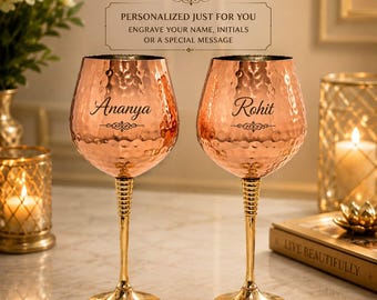 Personalized Hammered Copper Wine Glass Set of 2, Engraved Copper Goblets, Custom Name Wedding Gift, Anniversary Gift for Couples