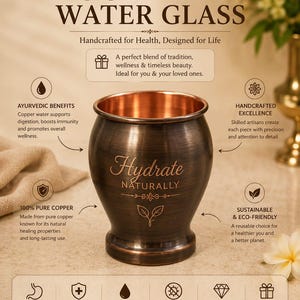 Puede incluir: Un vaso de agua de cobre oscuro con cuerpo redondeado y borde ancho. El frente del vaso presenta el texto grabado "Hydrate NATURALLY" sobre un pequeño icono de hoja. El vaso está rodeado de textos informativos e iconos sobre beneficios del cobre.