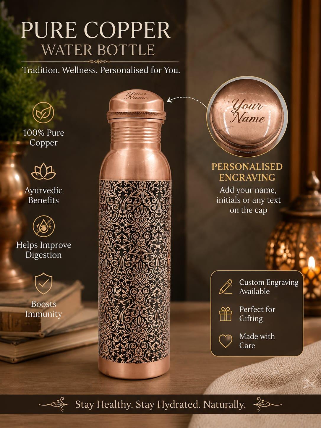 Personalized Pure Copper Water Bottle, Custom Name Engraved Copper…