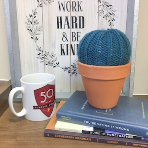 May include: A teal knitted cactus in a terracotta pot sits atop books. A white mug with a red and white logo is to the left. A sign with the words "WORK HARD & BE KIND" is in the background.