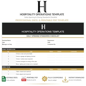 May include: A hospitality operations template document featuring a daily opening standards checklist. The form includes sections for business name, date, manager, department, shift, and completed by, with tables for venue presentation and dining room tasks.