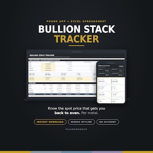 May include: A digital Bullion Stack Tracker tool featuring an Excel spreadsheet and a phone app interface. The display shows financial data, spot prices, and investment metrics for gold, silver, platinum, and palladium on a dark background.