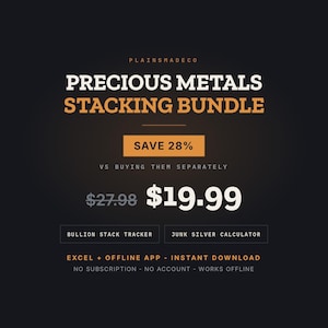Op de afbeelding: Een digitale productafbeelding getiteld Precious Metals Stacking Bundle door Plainsmadeco. Het bevat een besparingsaanbieding van 28%, een prijs van $19,99, en omvat een Bullion Stack Tracker en Junk Silver Calculator voor Excel en offline apps.