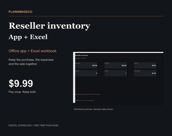 以下が含まれることがあります： PLAINSMADECOによるリセラー在庫管理アプリとExcelワークブックのデジタル製品リスト。ダークテーマのインターフェースには財務データフィールドが表示され、ワークブックのプレビューが含まれています。