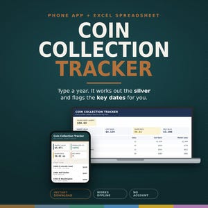 Coin Collection Tracker App + Excel Spreadsheet | 46 Series Tabs, Auto Silver Melt Calculator, Key Date Finder for Coin Collectors