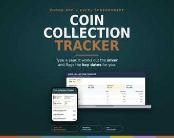 App zur Münzsammlungsverwaltung + Excel-Tabelle | 46 Serienregisterkarten, automatischer Silberschmelzrechner, wichtige Datumsfinder für Münzsammler